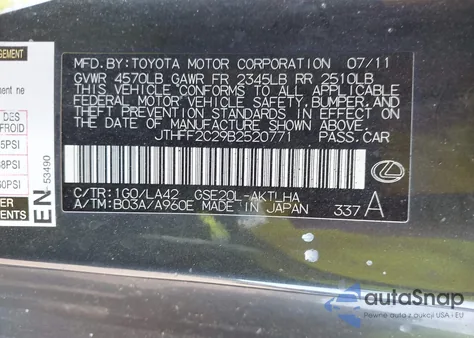 2011 Lexus Is 250C from USA, damaged, VIN JTHFF2C29B2520771